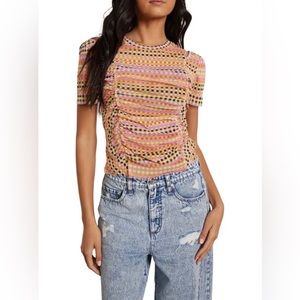 CIRCUS NY BY SAM EDELMAN Marzie Ruched Cutout Mesh Top Pink/ Multi Size XL NWT
